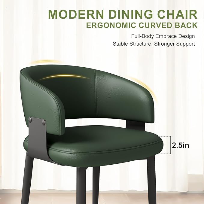 Modern Dining Chairs Set of 6, Faux Leather Upholstered Kitchen Chairs with Curved Back and Metal Legs, Mid Century Chairs for Dining Room, Kitchen, or Café (Green)