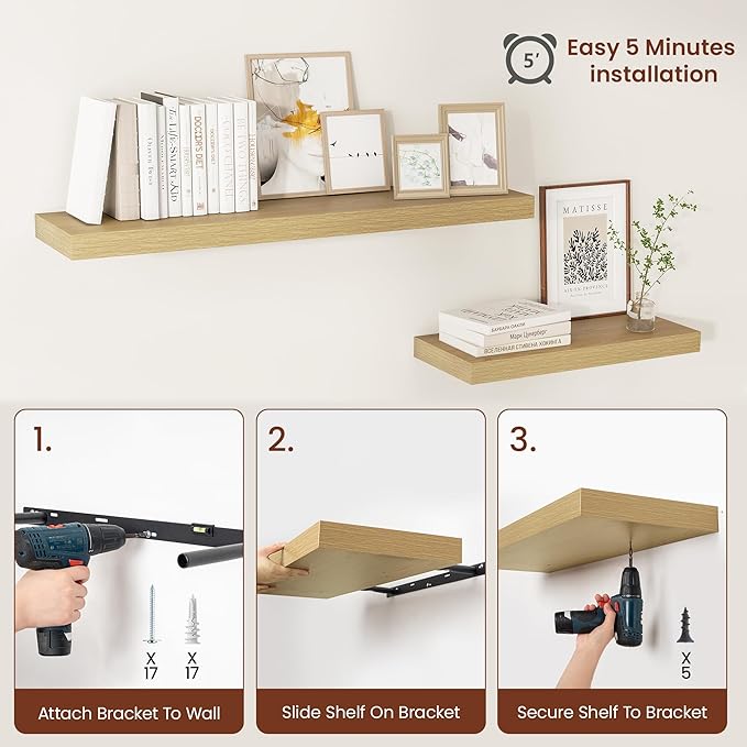 Vivelove 12 Inch Deep Floating Shelves 47.2 inch Long, 2 Inch Thick Wall Shelves with Invisible Brackets, Shelf for Bedroom Bathroom Living Room Kitchen Office Home Decor, Modern Shelf Set of 2, Oak