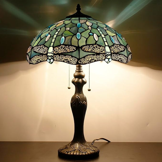 Tiffany Table Lamp Sea Blue Stained Glass Dragonfly Style 16X16X24 Inch Antique Reading Light
