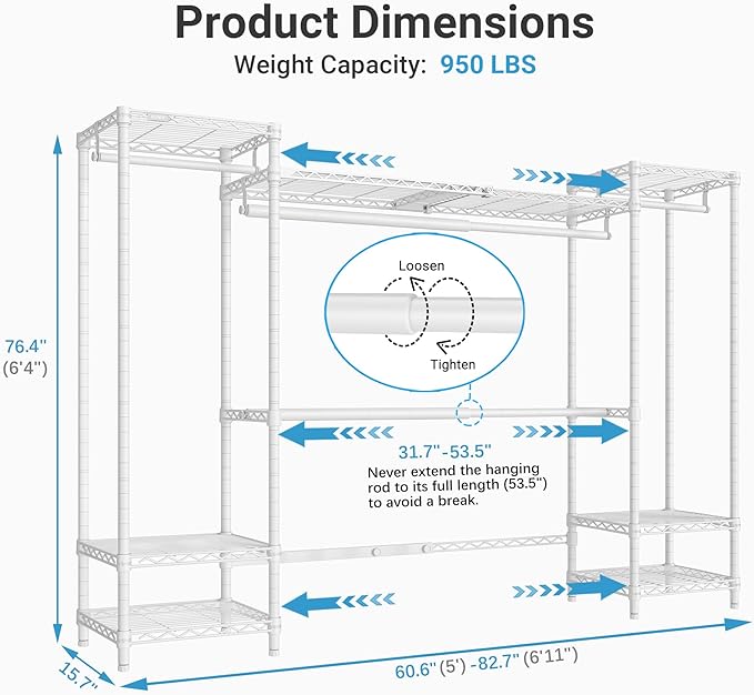 VIPEK X30 Expandable Clothes Rack Adjustable from 5' to 6'11", 950lbs Capacity Heavy Duty Portable Closet with 4 Hanger Rods & 7 Wire Shelves, Metal Wardrobe System for Reach-in Closet, White