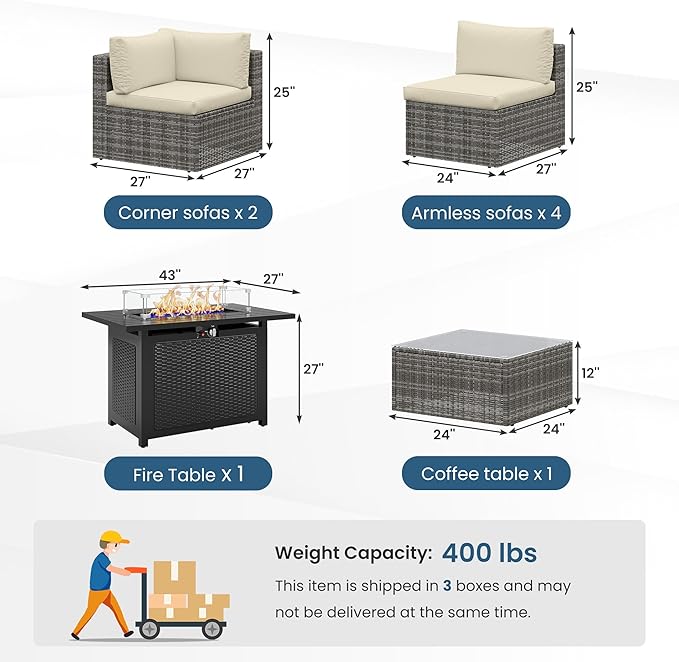 Green4ever 8 Pieces Outdoor Patio Furniture Set with 43" Fire Pit Table, Wicker Outdoor Patio Sectional Sofas Coffee Table, All-Weather Patio Conversation Set with Cushions for Garden Backyard, Beige