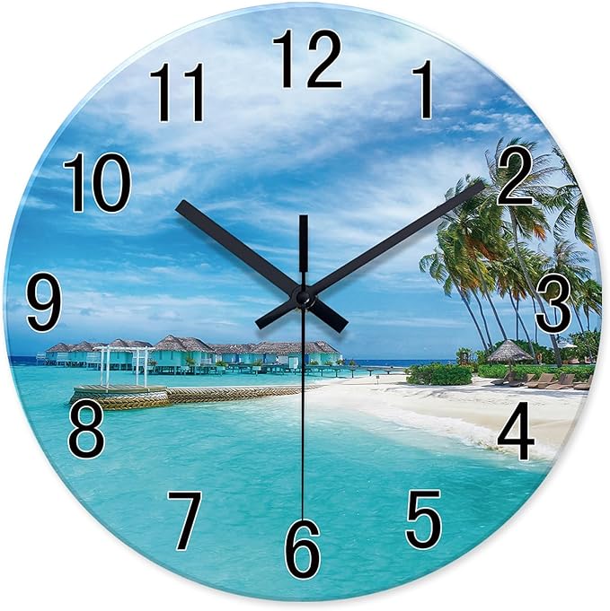XFM Beach Wall Clock Battery Operated 14 Inch Blue Ocean Wall Clocks Silent Coastal Nautical Clock Decorative for Bathroom Kitchen Living Room Office