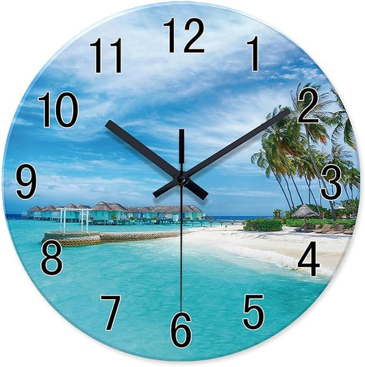 XFM Beach Wall Clock Battery Operated 14 Inch Blue Ocean Wall Clocks Silent Coastal Nautical Clock Decorative for Bathroom Kitchen Living Room Office