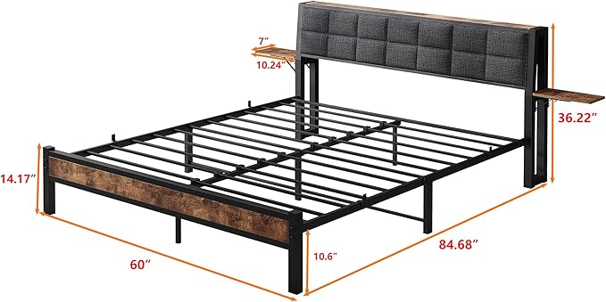 Queen Metal Bed Frame with Ergonomic Upholstered Headboard and Charging Station, Platform Bed Frame with Storage Shelves, Heavy Duty Metal Slats, No Box Spring Needed, Brown+Grey