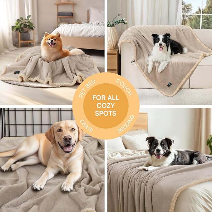 Waterproof Pet Blanket, Liquid Pee Proof Dog Blanket for Sofa Bed Couch, Reversible Sherpa Fleece Furniture Protector Cover for Small Medium Large Dogs Cats, Grey Beige X-Large（85" x 57"）