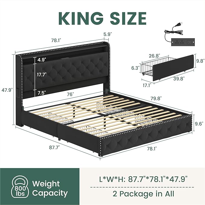 LARMACE King Size Bed Frame with 4 Storage Drawers Velvet Upholstered Tufted Bed Frame King Platform with LED Lights&USB Type-C Charging Station,Heavy Duty/No Box Spring Needed, Easy Assembly,Black