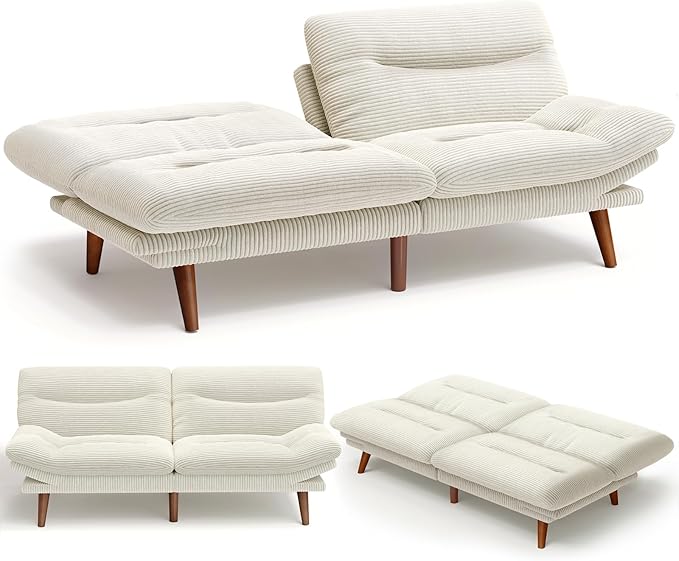 Amada 75" Convertible Futon Sofa Bed, Corduroy Folding Futon Set with Adjustable Backrest &Armrests, Recliner Lounge for Living Room, Apartment or Office, Solid Wood Frame, Loveseat Sofa -Beige White