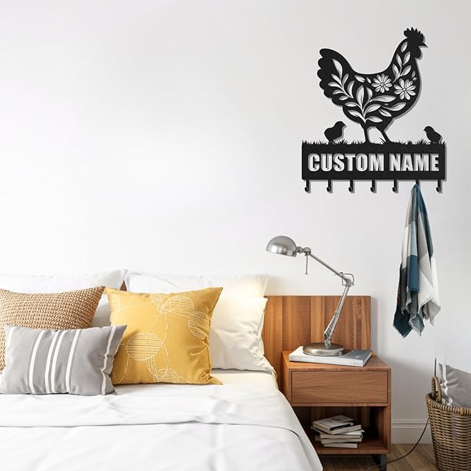 Personalized Key Holder for Wall, Custom Metal Chicken Key Hooks with Name, Meta Jacket Holder Hooks Organizer Rack, Jacket Hanger Decor for Kitchen, Entryway, Hallway, Office, Doorway