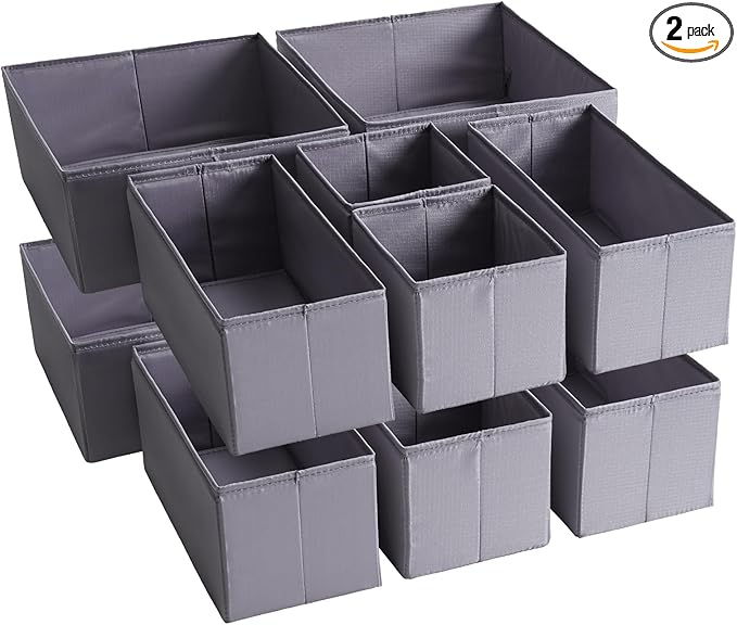 TYEERS Drawer Organizers, Durable Fabric, Washable, with Base Support Boards, Small Storage Boxes for Bathroom, Closet, Dresser, Set of 12, Dark Grey