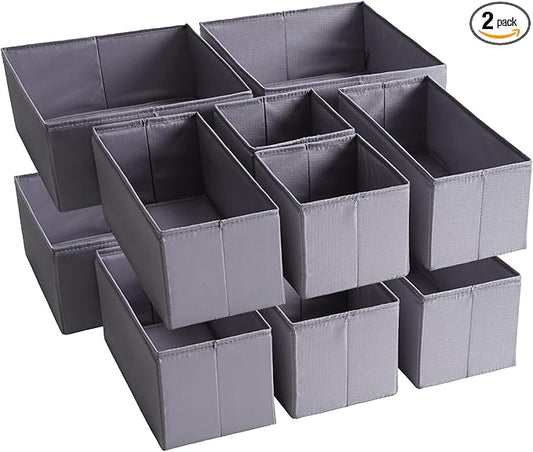 TYEERS Drawer Organizers, Durable Fabric, Washable, with Base Support Boards, Small Storage Boxes for Bathroom, Closet, Dresser, Set of 12, Dark Grey