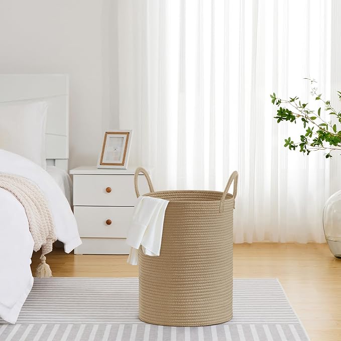 VIPOSCO Large Laundry Hamper, Tall Woven Rope Storage Basket for Blanket, Toys, Dirty Clothes in Living Room, Bathroom, Bedroom - 58L Jute