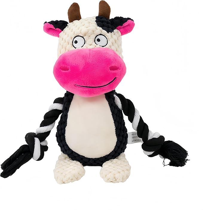 Dog Toy with Rope Arms Dairy Cow, Squeaky Interactive Pet Toy, Purple, for Small & Medium Dogs
