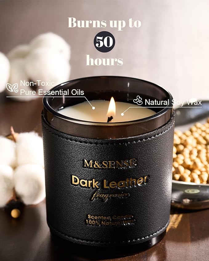 M&SENSE Tobacco Leather Berries Scented Candles, Heavy Scented Candles,Vegan Soy Wax,10oz 42-Hour Long Burning Time,Relax Fall Home Fragrance, Cozy Winter Romance Fancy Gifts for Men Women