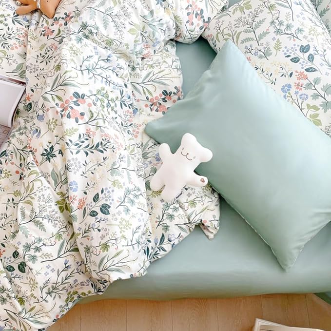 Floral Wildflower Duvet Cover Full Sage Green Botanical Duvet Cover 100% Cotton Vintage Floral Bedding Set Full Rustic Garden Flower Comforter Cover Girls Cottagecore Bedding Set with 2 Pillowcases