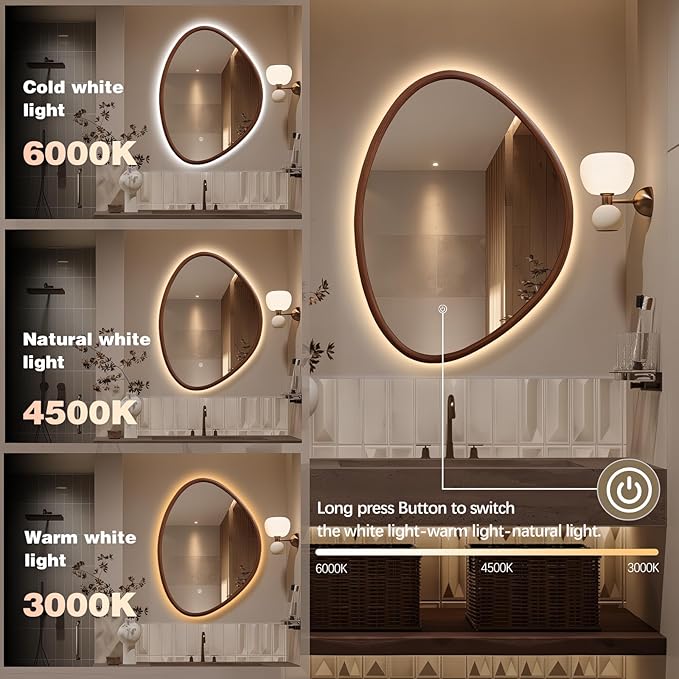 Irregular LED Bathroom Mirror with Lights, 32"x24" Wood Framed LED Vanity Mirror, Anti-Fog Smart Mirror with 3 Colors Dimmable for Living Room Bathroom Entryway, Walnut