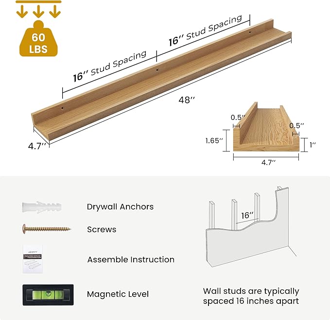 Solid Ash Wood Picture Ledge Shelf, Wood Floating Shelves Set of 2, 48 Inch Long Large Photo Ledge Shelves, Nursery Book Shelves Wall Mounted for Living Room Kids' Bedroom Decor, Natural