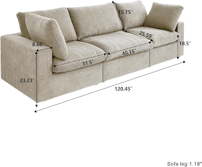 Cloud Modular Sectional Sofa Couch,120.45" Convertible Couches 3 Seater Sofa for Living Room,Minimalist Deep Sofa Couches,Covers Washable&Replaceable(Khkai)