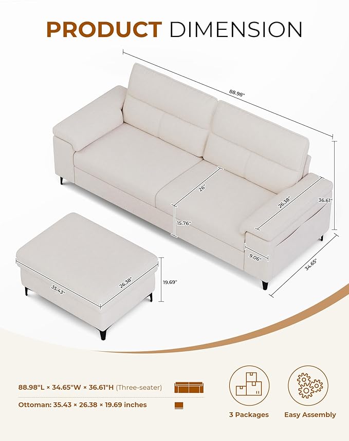 88.97" L Shaped Sectional Couches for Living Room, Deep Seat Sofa with Big Storage Ottoman & 8”Cushion, Comfy 2-Seater Chenille Loveseat, Convertible Armrest, Removable Cover for Small Space(Beige)