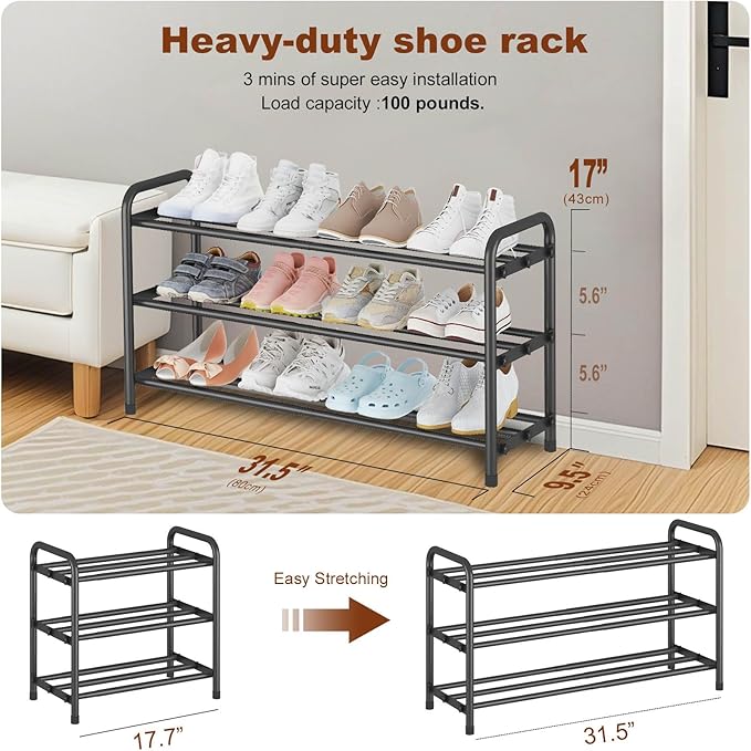 KANAV Expandable Shoe Rack Organizer – 3-Tier Shoe Shelf for Closet, Entryway & Front Door – Space-Saving Shoe Storage Solution