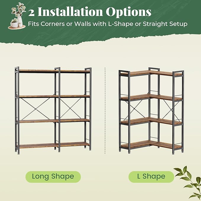 Huuger 4 Tier Bookshelf, L Shaped Corner Bookshelf with 8 Open Shelves, 49.4 Inch Straight Wide Bookcase with Metal Frame and Wooden Board, Adjustable Feet, Rustic Brown