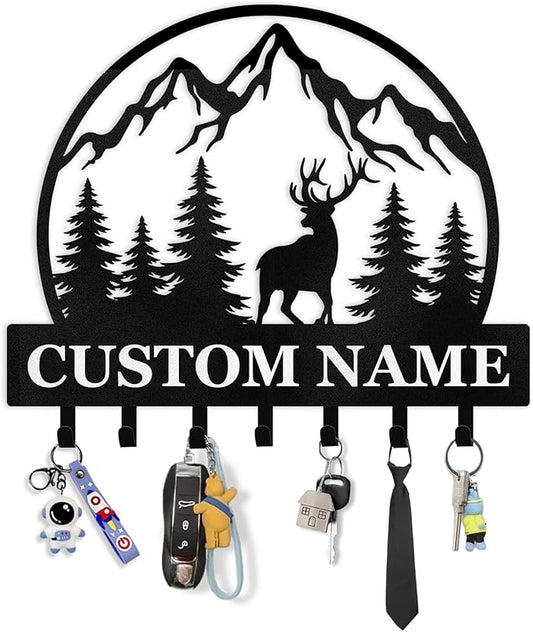Personalized Key Holder for Wall - Custom Forest Deer Key Rack Hanger with Hooks, Key Holder Wall Mount, Woodland Theme Wall Art Decor Gift, Key Rack Storage for Kitchen, Living Room