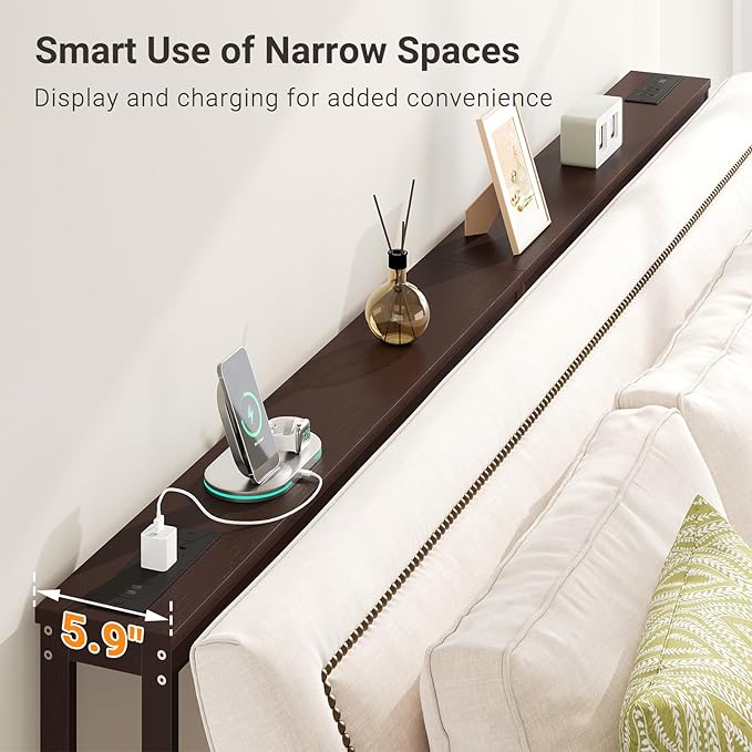 ELYKEN 5.9" Narrow Console Sofa Table with Power Outlets, 5.9" Dx39.4 Wx31.1 H Bamboo Behind Couch Table with Charge Station, Brown