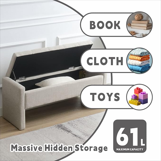 47.25'' Ottoman with Storage, End of Bed Storage Bench, Entryway Bench - Linen Upholstered Multi-Functional Footrest for Bedroom, Living Room, Dorm & Window Bench (Light Grey)