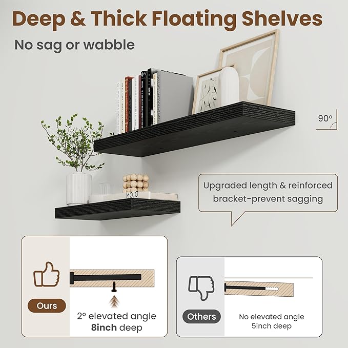 40 Inch Floating Shelves for Wall, 8 Inch Deep Floating Shelf for Storage & Display, Rustic Wall Mounted Shelf with Invisible Brackets for Living Room, Kitchen, Bathroom, Home Decor, Set of 2, Black