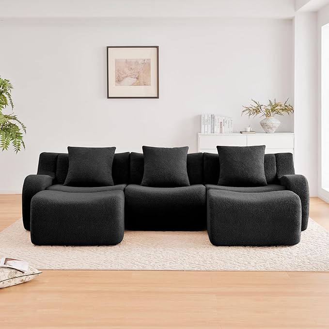 Black U-Shaped Cloud Couch with 2 Ottomans, Modern Teddy Fabric Boneless Sectional Sofa in a Box for Living Room, Modular Floor Couch, Deep Seat, No Assembly Required, Sofas para Sala