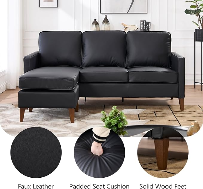 EBELLO Sectional Sofa Couch, L Shaped Couch Faux Leather with Reversible Chaise, Lounge Sofa for Living Room Apartment Small Space, Black