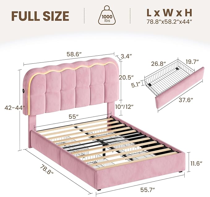 Full Size Bed Frame with 4 Storage Drawers and LED, Adjustable Clouds Headborad, Velvet Upholstered Platform Full Bed Frame with Charing Station, Wood Slats Support, No Box Spring Needed,Pink
