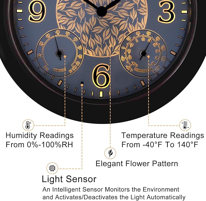 OCEST 15 Inch Illuminated Large Outdoor Clock Waterproof, Night Light Illuminated Wall Clocks with Smart LED Sensor, Temperature and Humidity Combo for Garden Patio Pool Garage (Metal)