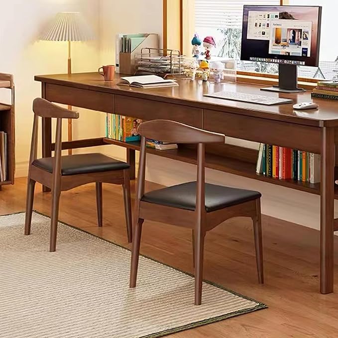 Solid Wood Dining Chair, Mid Century Dining Chair, Upholstered PU Leather Chair with Wide Curved Backrest, Chair for Dining Room, Kitchen, Walnut Finish