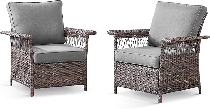 Wicker Outdoor Chairs Set of 2 - Hollow Widen Armrests Patio Furniture Set with Comfortable Thickened Cushion, High Back Outdoor Rattan Chairs for Balcony Porch Deck and Yard - Brown/Gray