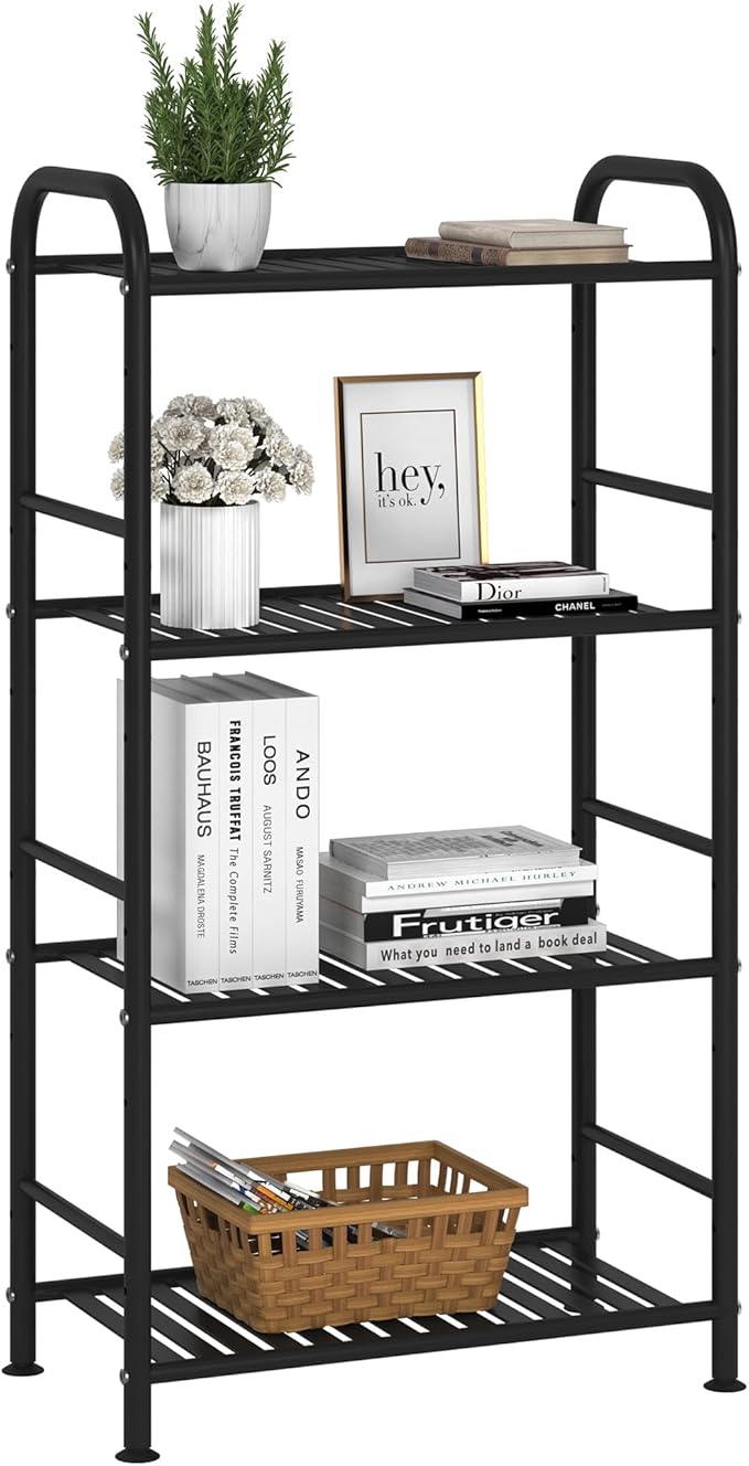 JSB 4-Tier Adjustable Shelving Unit, Heavy Duty Storage Rack Organizer Metal Corner Shelf for Kitchen Living Room Laundry Pantry Bathroom (Black, 4 Tier)…