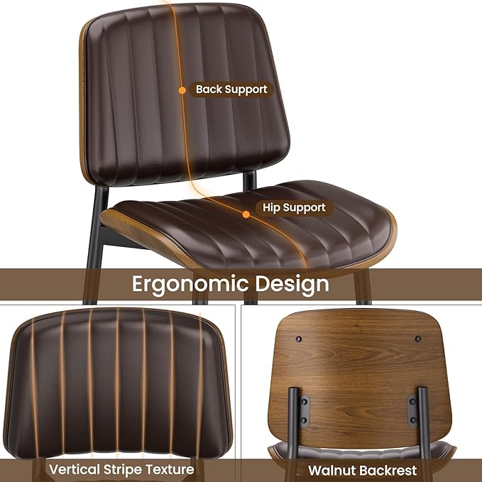 Dining Chairs Set of 6, Mid Century Modern Dining Room Kitchen Chairs, Upholstered PU Leather Vertical Stripe Chairs for Vanity with Walnut Bentwood and Metal Legs, Brown