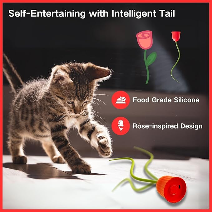 Interactive Electric Cat Teaser Wand Toys with Silicone Tail, Rechargeable Exercise Toy for Indoor Cats and Kittens (RED)