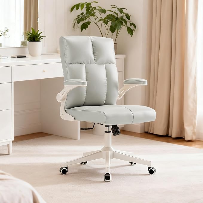 Computer Chair, Ergonomic Home Office Desk Chair with Space Saving Flip-Up Arms, 360° Swivel & Reclining Back, High-Back Executive Chair in Soft Faux Leather Chair Multi-Angle from 90° to 135°（Gray）