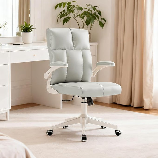 Computer Chair, Ergonomic Home Office Desk Chair with Space Saving Flip-Up Arms, 360° Swivel & Reclining Back, High-Back Executive Chair in Soft Faux Leather Chair Multi-Angle from 90° to 135°（Gray）
