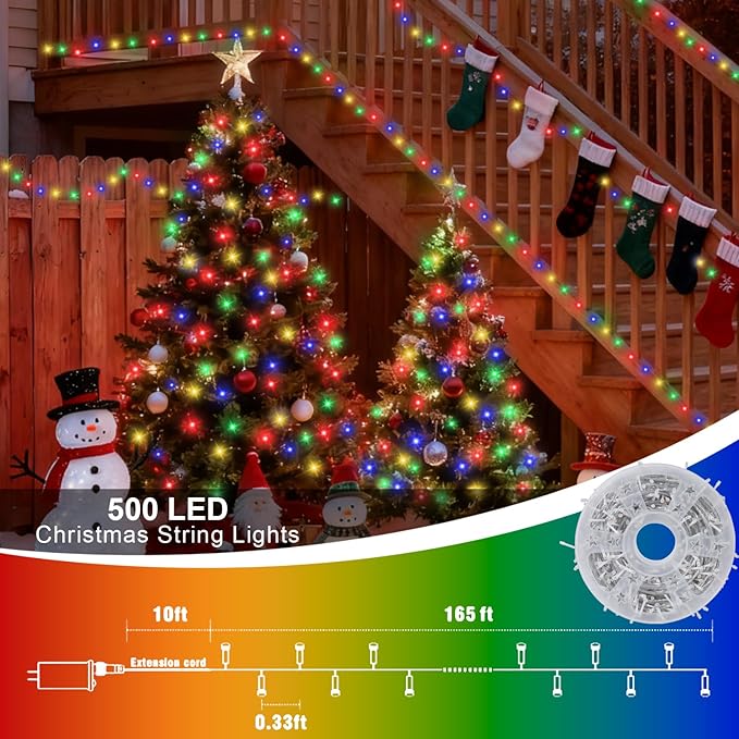 QITONG Multicolor Christmas Lights Outdoor, 165ft 500 LED String Light with 8 Modes, Clear Wire Twinkle Xmas Lights Plug-in Indoor