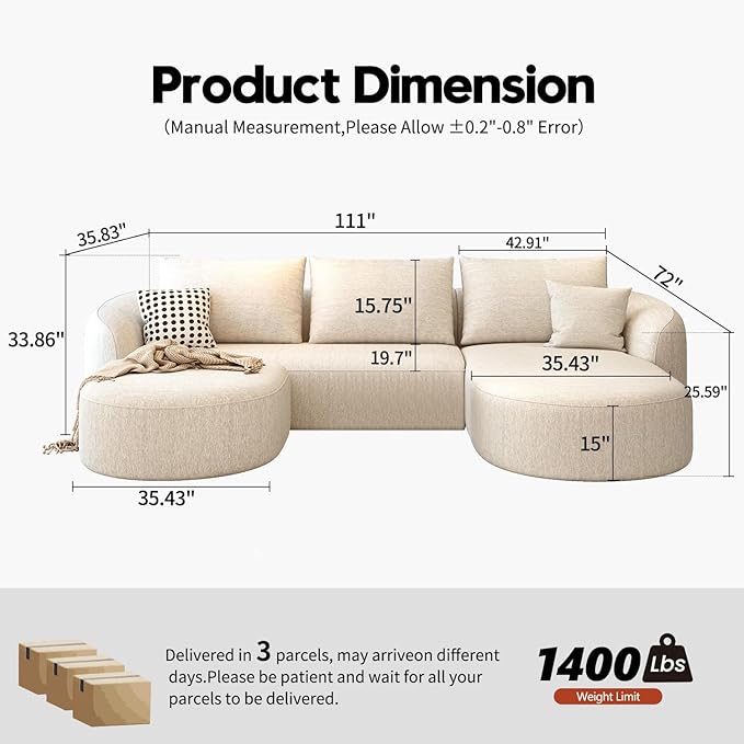 111" Modular Sectional Couches Luxury Modern Curved Back U-Shape Sofa Set with Ottoman,Minimalist Comfy Boneless Cloud Couch for Living Room Apartment,(Right Facing Chaise,White)