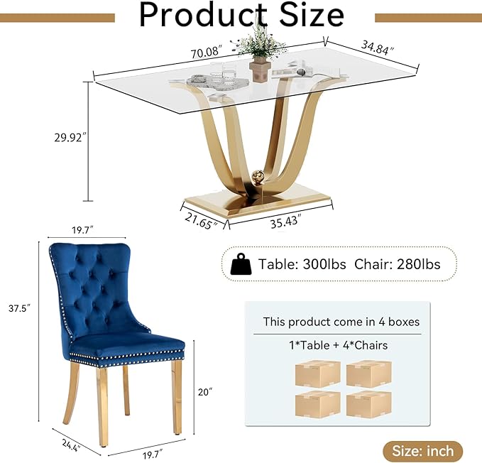 70" Modern Gold Glass Dining Table Set for 4, 5-Piece Rectangle Kitchen Dining Room Table Set with Steel Base & 4 Blue Velvet Upholstered Chairs, Modern Glass Kitchen Table and Chairs Set of 4