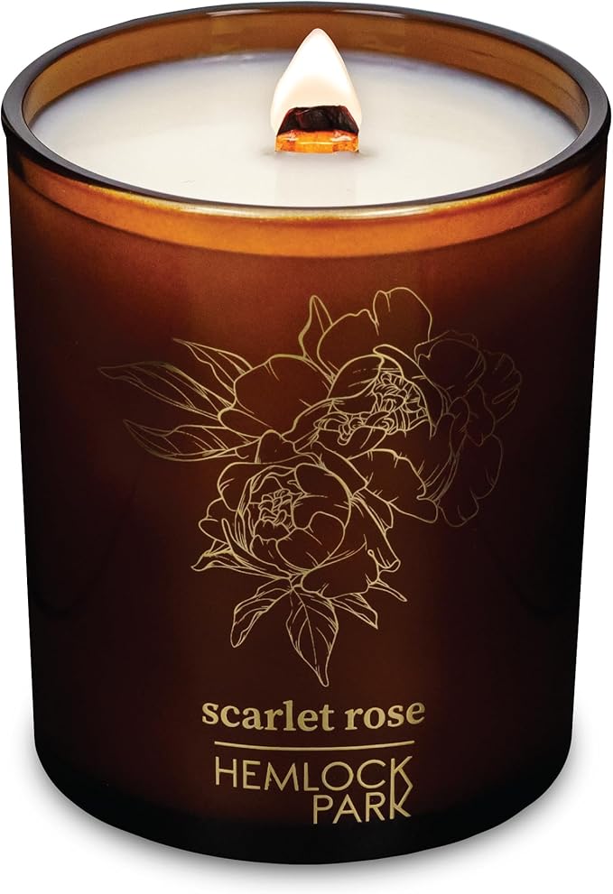 Hemlock Park Amber & Gold Wood Wick Candle Handcrafted with Natural Coconut Wax (Standard 7.2 oz, Scarlet Rose)
