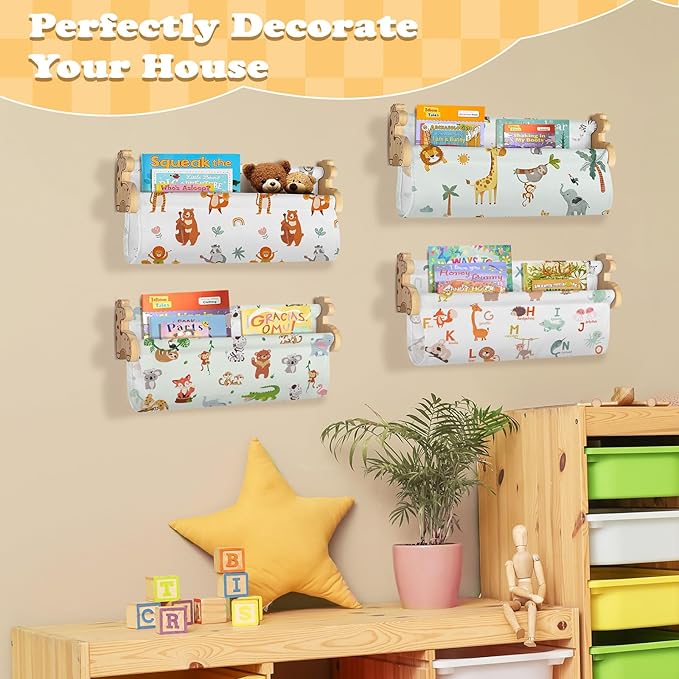 Floating Book Shelves for Wall Set of 4 Wood Nursery Bookshelves for Kids Room 16.9 Inch Kids Bookshelf for Books Toys and Decor,Wall Mounted Storage for Baby Boys Girls Bedroom Living Room