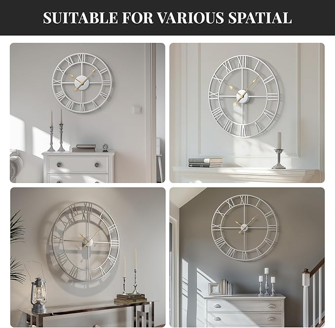 Cuspin 20 Inch Wall Clock Large Silver Decorative Clocks, Modern Metal Round Wall Clock Battery-Operated Roman Numerals for Living Room Bedroom, Kitchen, Office Decor