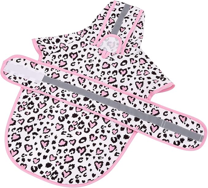 HDE Dog Raincoat Jacket Reflective Adjustable Hooded Pet Poncho Rain Coat with Leash Hole for Small to X-Large Dogs Leopard Hearts - S