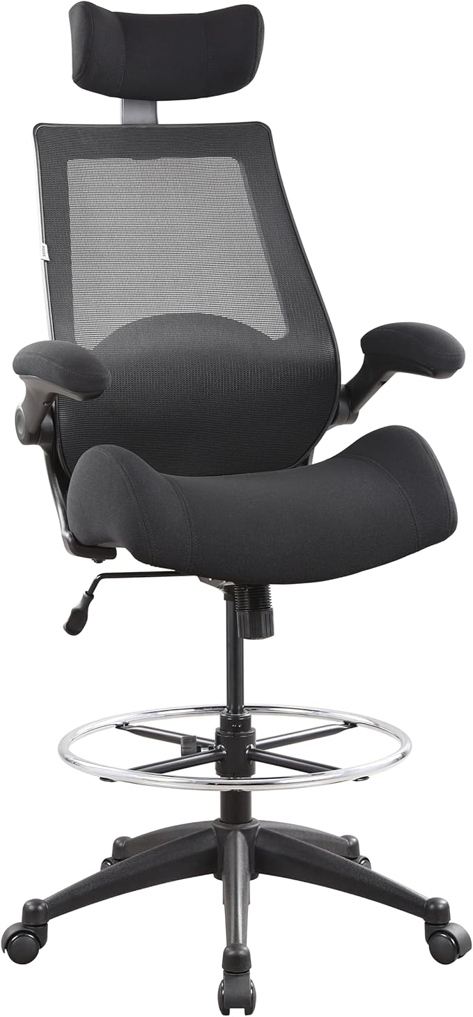 BOLISS 400lbs High Back Wide Comfortable Office Drafting Chair with Flip up Armrests Lumbar Support Adjustable Big Footrest Ring(Black)