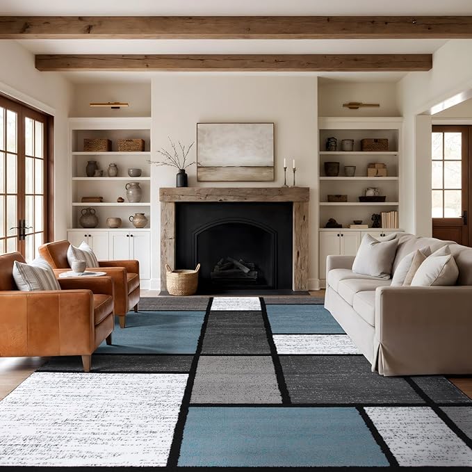 Rugshop Contemporary Modern Boxes for Open Spaces,Living Room,Large Areas,Bedroom,Kitchen Non Shedding Area Rug 12' x 15' Blue