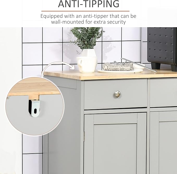 HOMCOM Sideboard with Solid Wood Countertop, Modern Kitchen Storage Cabinet, Coffee Bar Cabinet with 3 Drawers, Doors and Adjustable Shelf, Gray