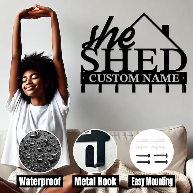 Personalized She Shed Keys Hooks,Custom Name Metal She Shed Art Keys Hooks,Metal She Shed Lover Wall Home Storage Decorative Keys Hooks,Key Holder Hooks for Wall (Style A)